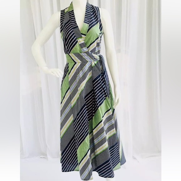 Tory Burch Dress Overprinted Blue Green Stripes Sleeveless Wrap Midi Size 0 - Picture 9 of 10